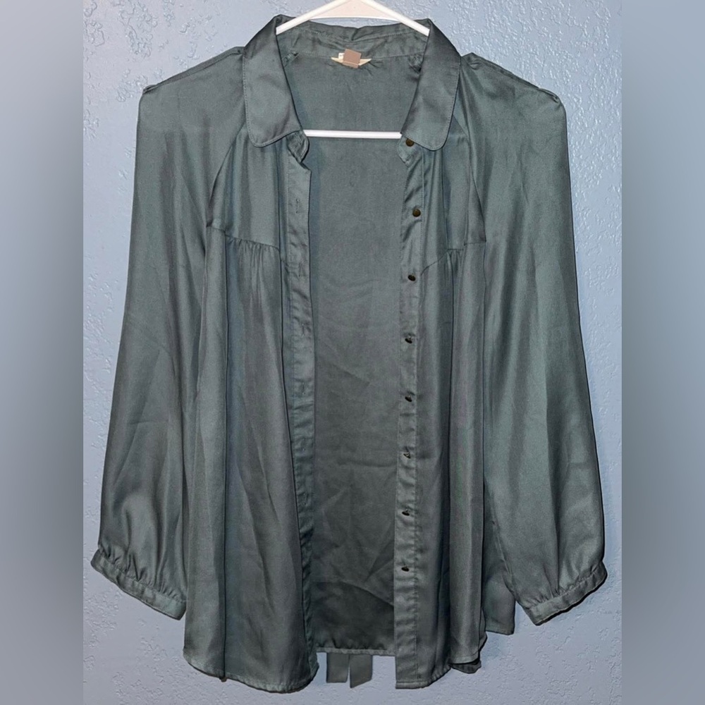Fossil Slate Green Button-Front Satin Blouse